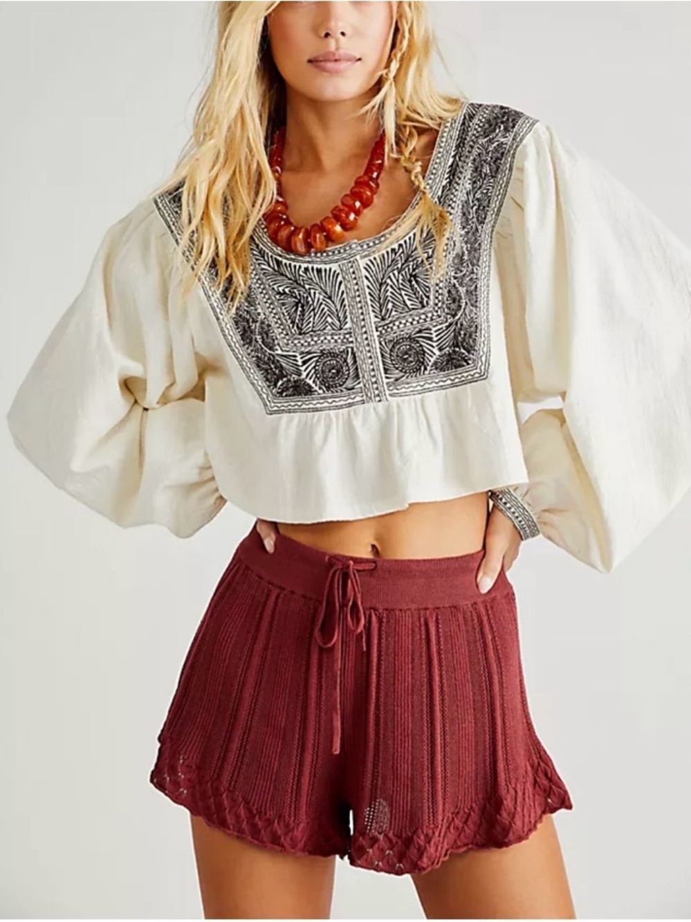 FREE PEOPLE Iggie Embroidered Crop Top Ivory Boho Festival Blouse Size XS NWT - Picture 3 of 7